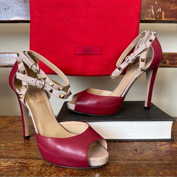 Valentino Rockstud Open Toe Pumps Heels Stiletto Ankle Straps Red Leather - Picture 1 of 16